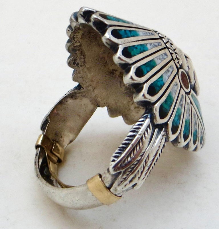 Native American Indian Chief Head Sterling Silver and Inlay