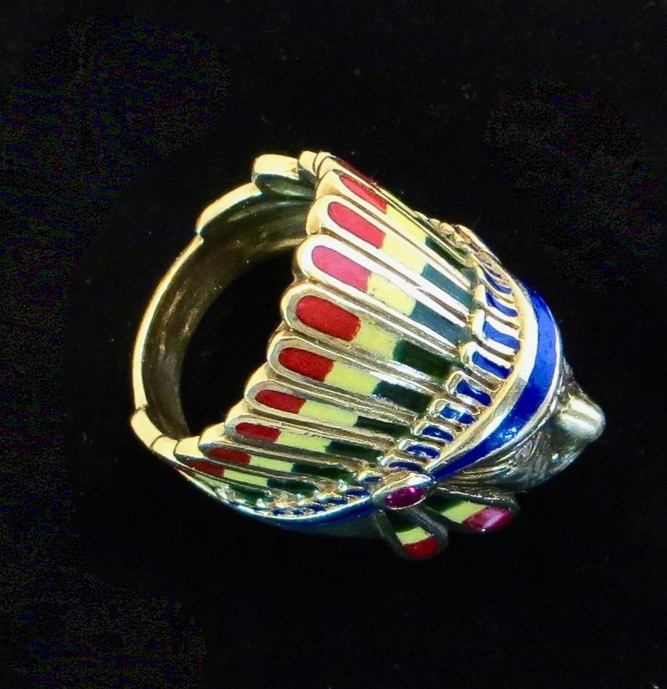 Native American Indian Chief Themed Gold Ring with Polychromed Features. C. 1955 For Sale 5