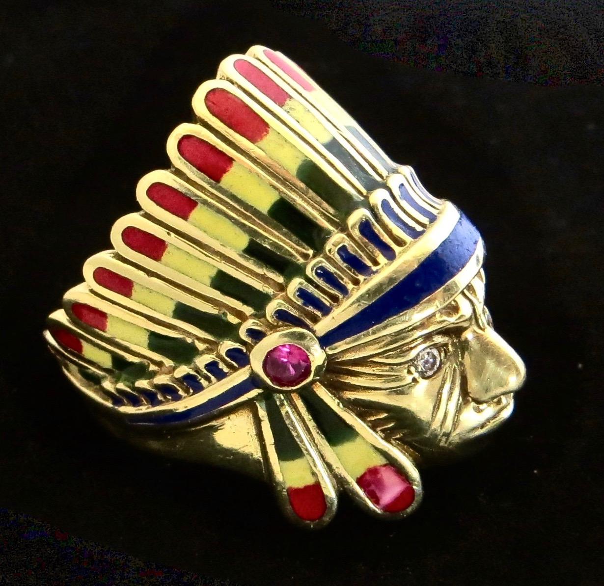 Native American Indian Chief Themed Gold Ring with Polychromed Features. C. 1955 For Sale 6