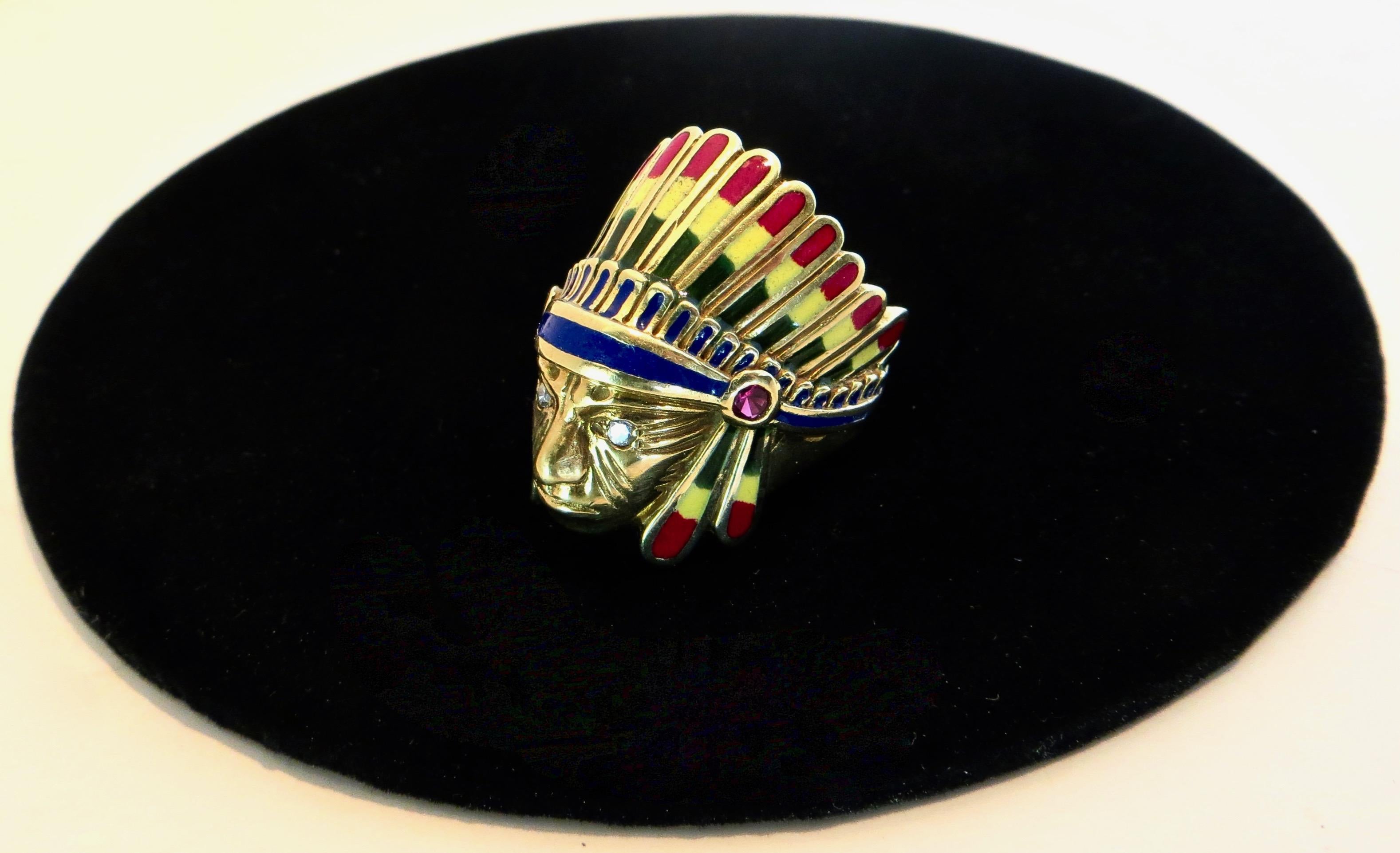 Native American Indian Chief Themed Gold Ring with Polychromed Features. C. 1955 For Sale 8