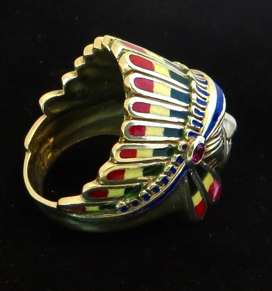 20th Century Native American Indian Chief Themed Gold Ring with Polychromed Features. C. 1955 For Sale