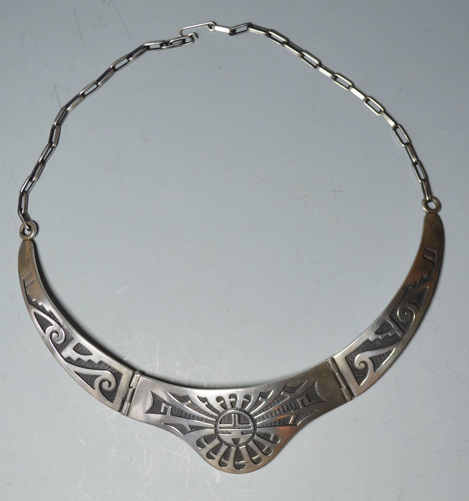 Native American Indian fine vintage Hopi silver overlay necklace
A sun face overlay design with hall mark HN, probably Hyson Naseyoma
Period: 1960s
Condition: Fine


 

Period: 1960, stamped J. M. Begay

Condition: Fine.

 


    