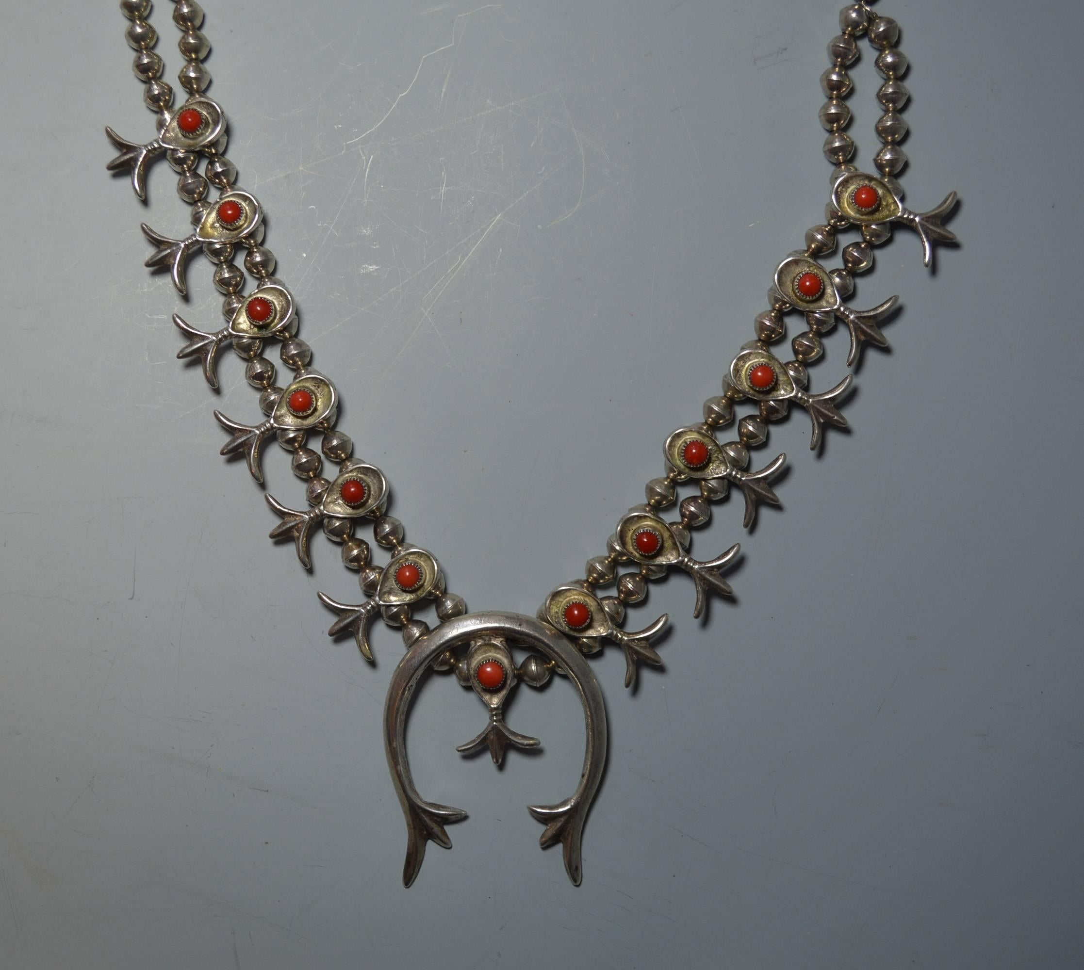 North American Native American Indian Fine Vintage Navajo Squash Blossom Necklace
