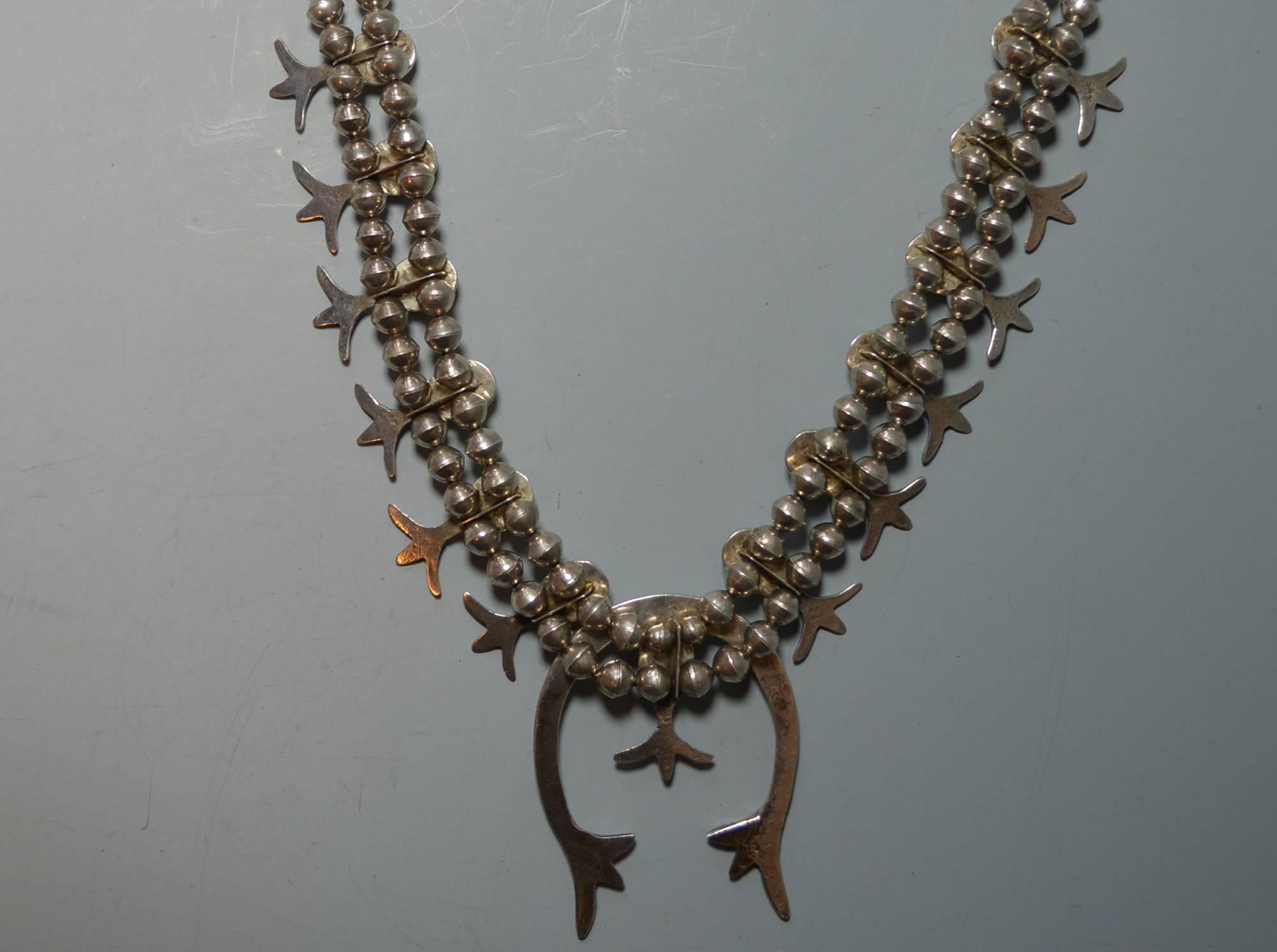 Mid-20th Century Native American Indian Fine Vintage Navajo Squash Blossom Necklace