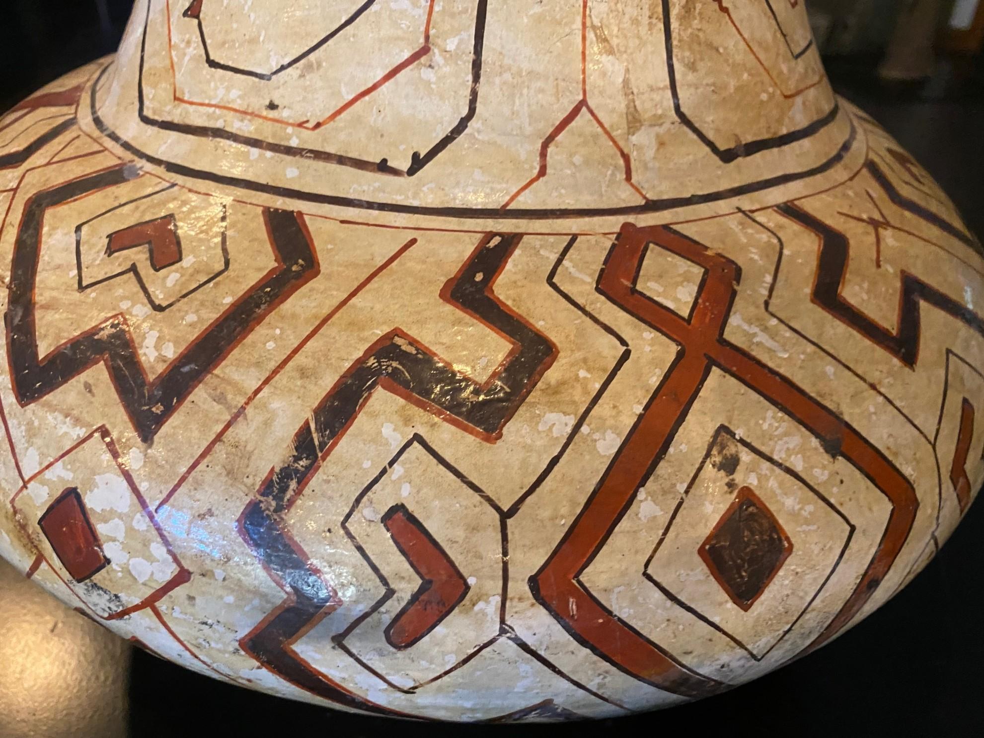 Hand-Crafted Native American Indian Large Shipibo-Conibo Peruvian Amazon Pottery Jar Vase For Sale