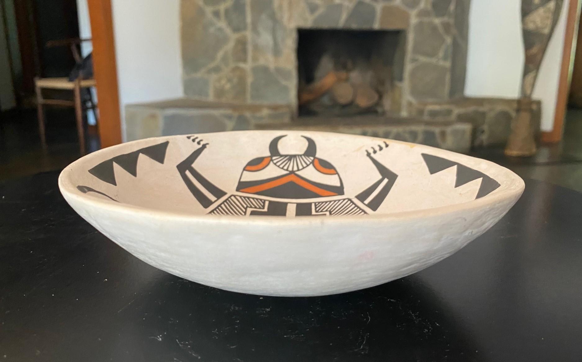 Fired Native American Indian Signed Acoma Pueblo Southwest Pottery Beetle Bug Bowl For Sale