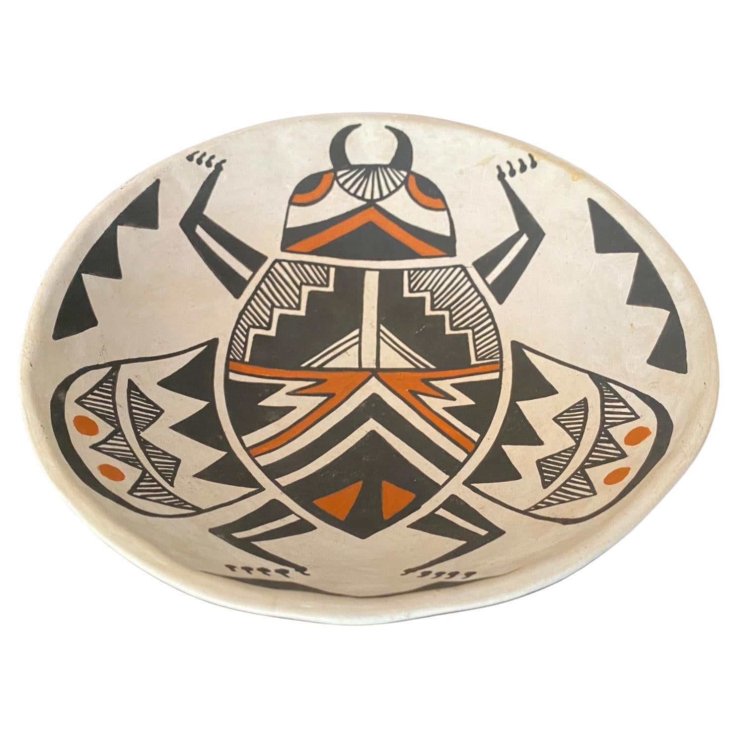 Native American Indian Signed Acoma Pueblo Southwest Pottery Beetle Bug Bowl For Sale
