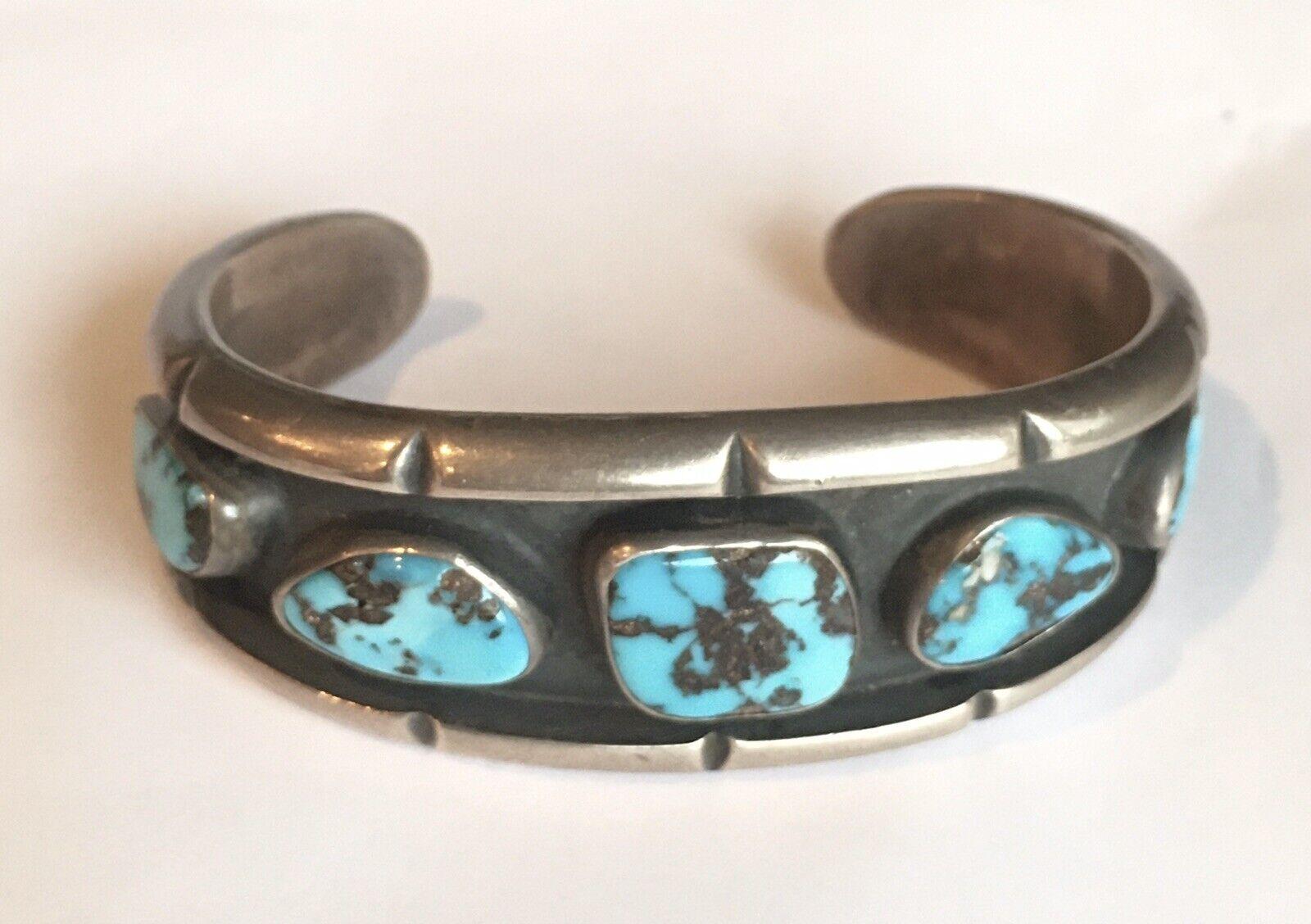 Cabochon Native American Indian Silver & Turquoise Cuff Bracelet Old Pawn Navajo Vintage