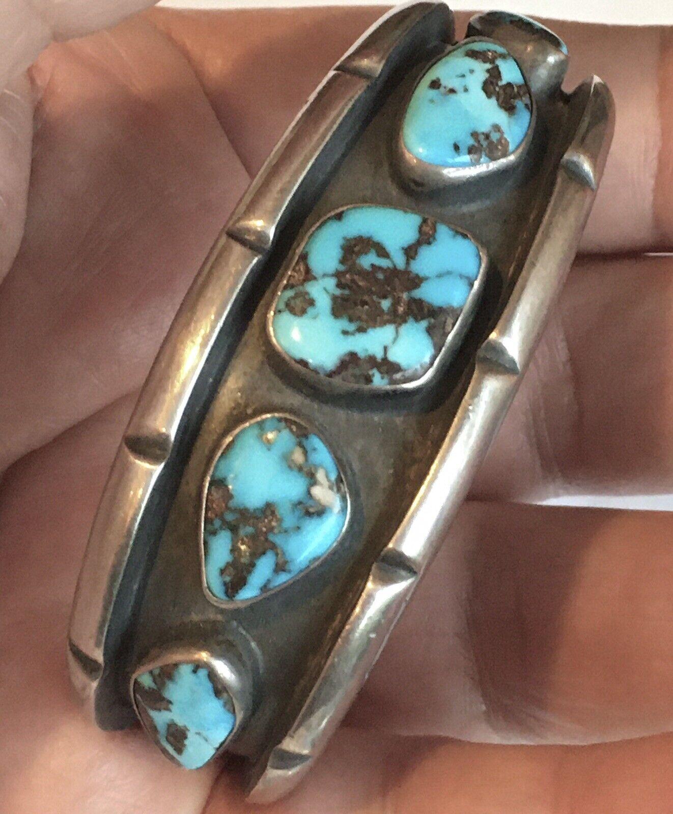 Native American Indian Silver & Turquoise Cuff Bracelet Old Pawn Navajo Vintage In Good Condition In Santa Monica, CA