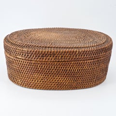 Native American Indian Woven Coiled Lidded Oval Basket