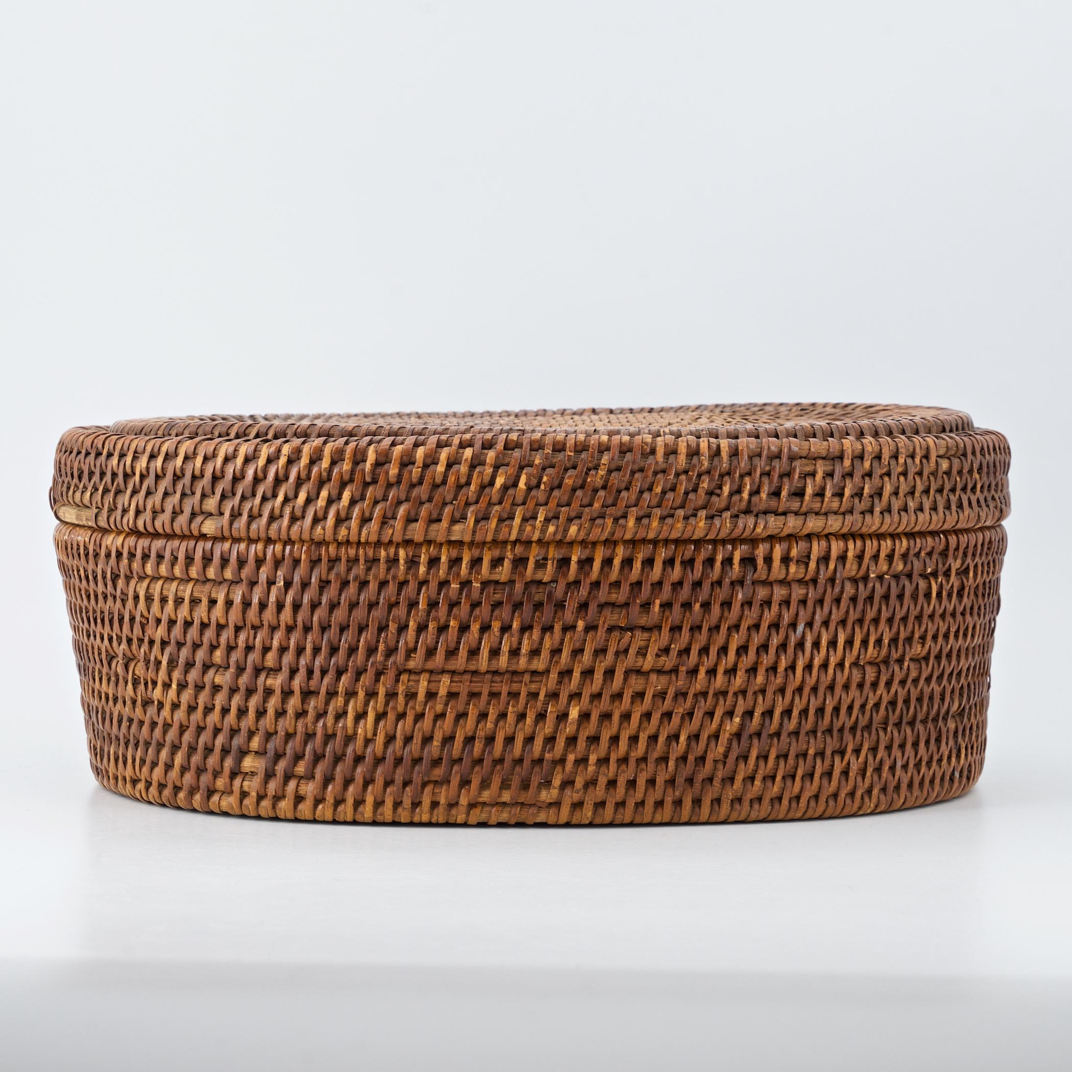 Hand-Crafted Native American Indian Woven Coiled Lidded Oval Basket