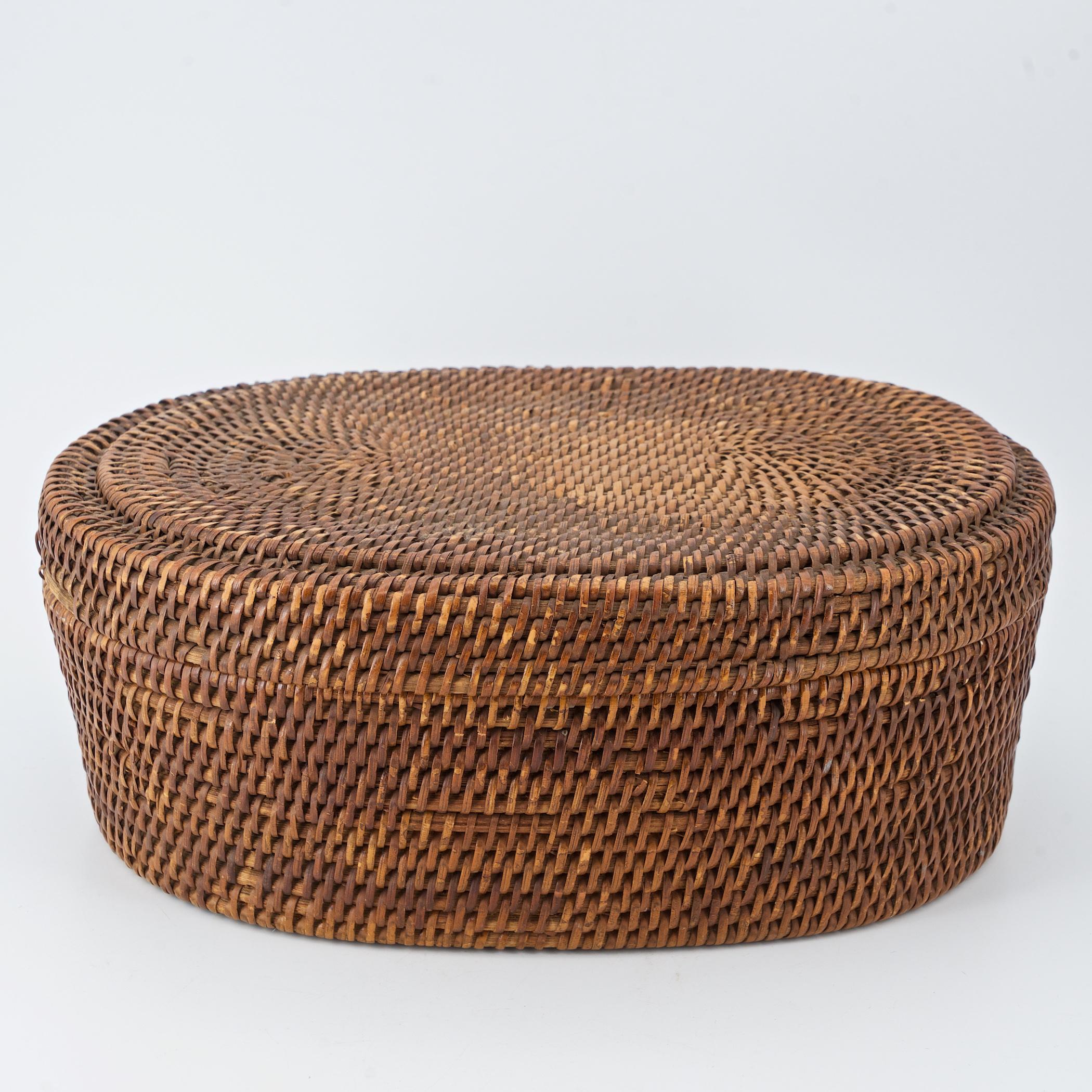 20th Century Native American Indian Woven Coiled Lidded Oval Basket