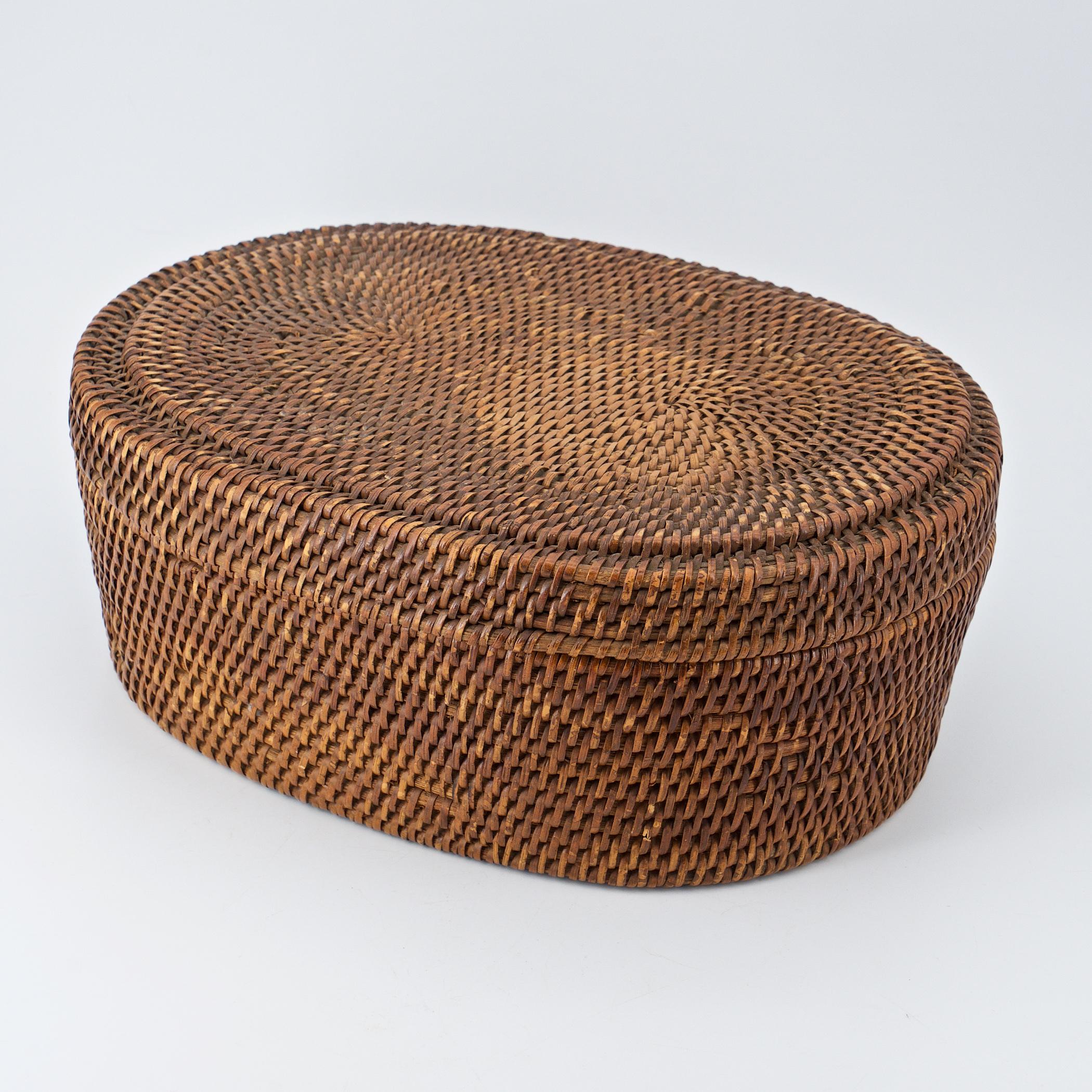 Rattan Native American Indian Woven Coiled Lidded Oval Basket