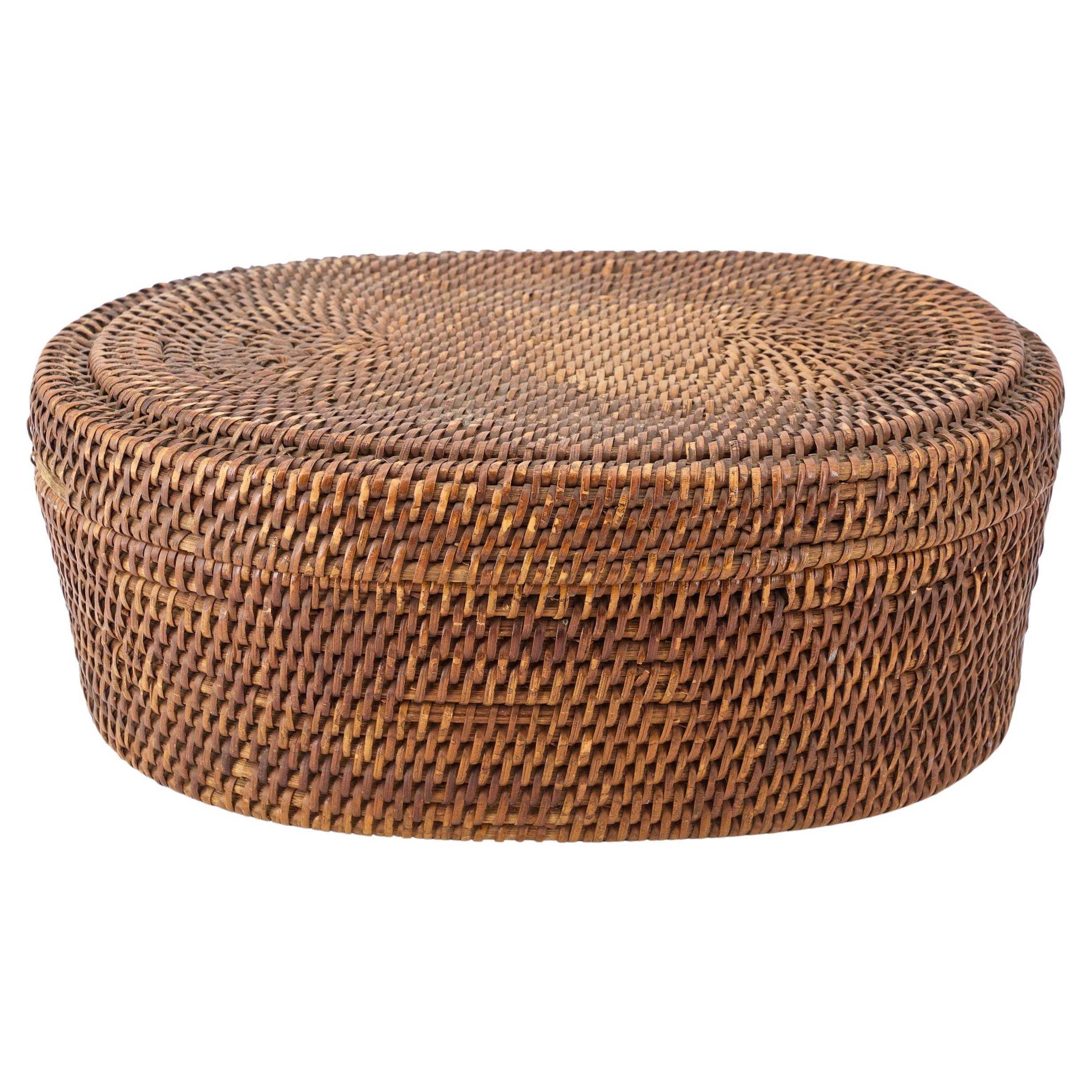 Native American Indian Woven Coiled Lidded Oval Basket