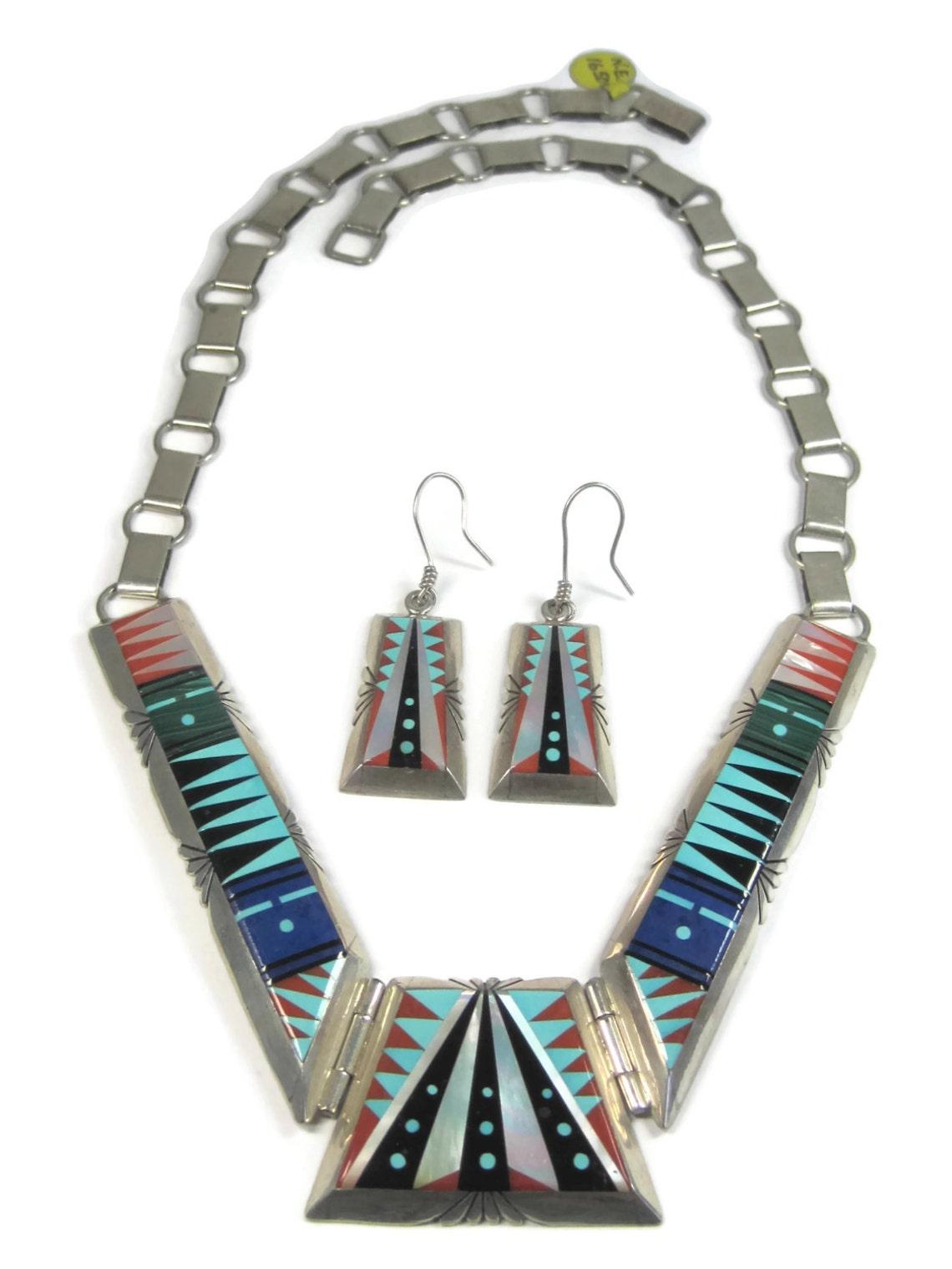Native American Inlay Necklace Earrings Jewelry Set Navajo Chester Benally In New Condition In Webster, SD
