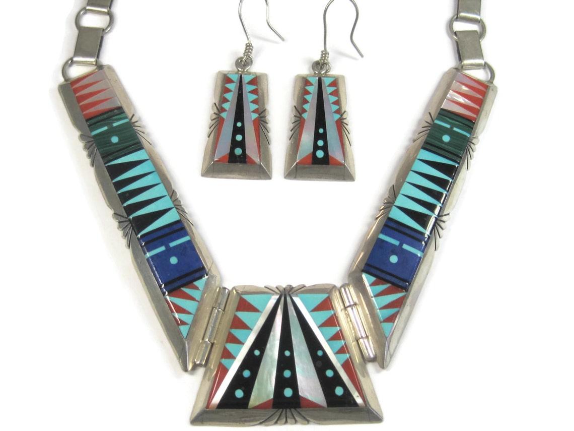 Native American Inlay Necklace Earrings Jewelry Set Navajo Chester Benally 1