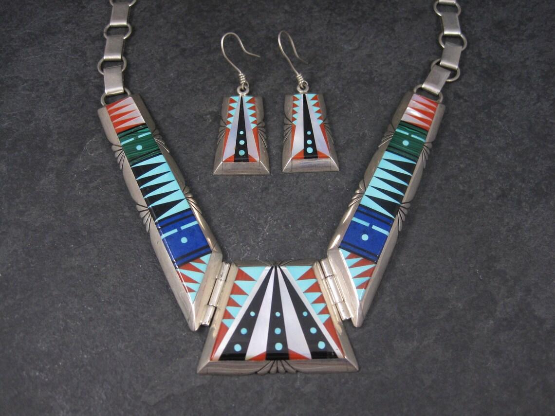 Native American Inlay Necklace Earrings Jewelry Set Navajo Chester Benally 2