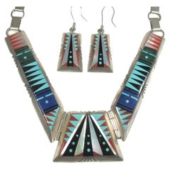 Native American Inlay Necklace Earrings Jewelry Set Navajo Chester Benally