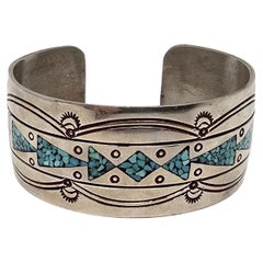 Native American J Nezzie Sterling Silver Crushed Turquoise Cuff Bracelet #19877 Native American J Nezzie Sterling Silver Crushed Turquoise Cuff Bracelet #19877