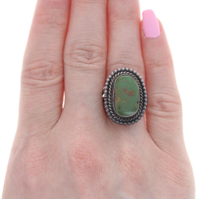 Oval Cut Native American Jackson Pino Green Turquoise Ring - Sterling 925 Size 8 1/4