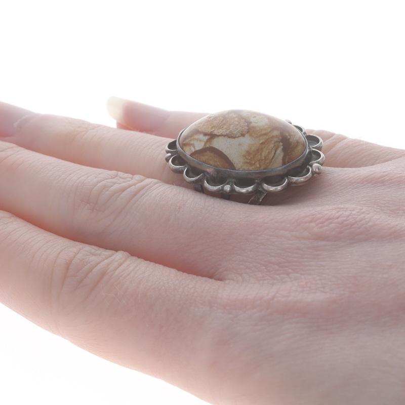 Bague solitaire de cocktail en jaspe amérindien - Cab floral ovale en sterling 925 Pour femmes en vente