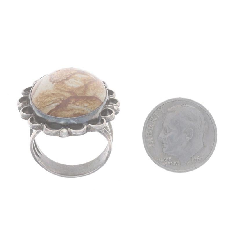 Bague solitaire de cocktail en jaspe amérindien - Cab floral ovale en sterling 925 en vente 1