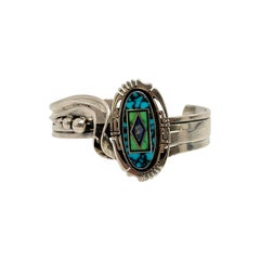 Native American Jerry T Nelson Sterling Silver Multi-Stone Inlay Cuff Bracelet