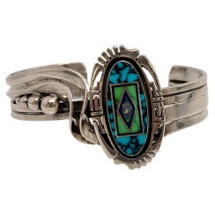 Native American Jerry T Nelson Sterling Silver Multi-Stone Inlay Cuff Bracelet