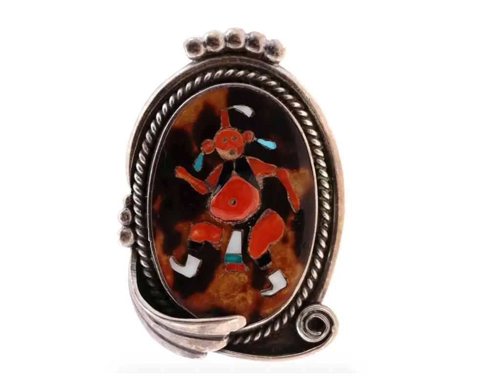 Native American Kachina Dancer Coral Silver Ring In Good Condition For Sale In New York, NY