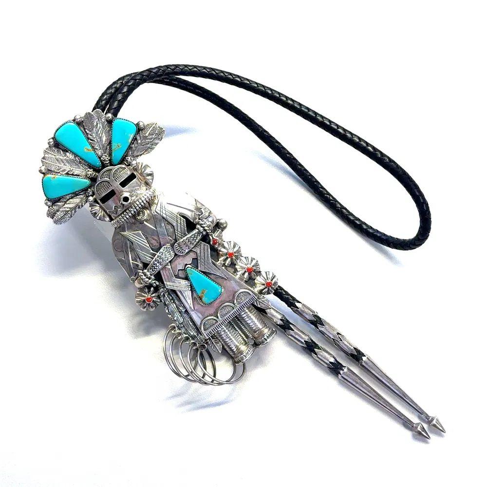 Simply Beautiful! Highly desirable Large Sterling Silver Turquoise and Coral Vintage Large Native American Original Kachina Long Bolo Tie. Hand set with Turquoise ad Coral. Beautifully detailed Hand crafted 925 Sterling Silver engraved mounting.