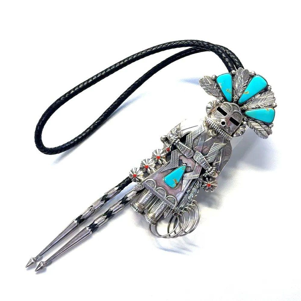Mixed Cut Native American Kachina Sterling Silver Turquoise and Coral Bolo Tie Necklace For Sale
