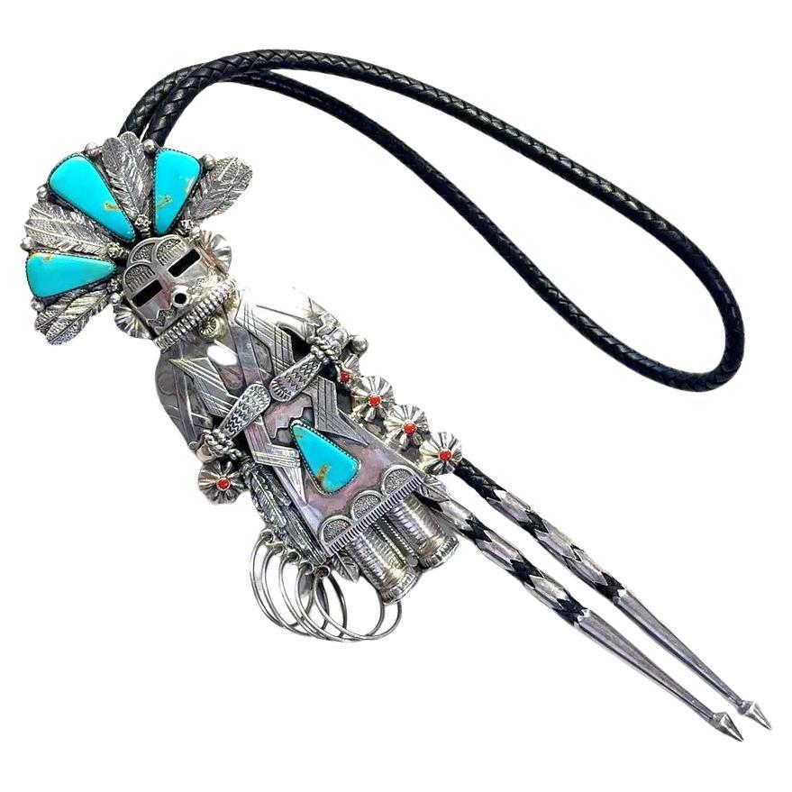 Native American Kachina Sterling Silver Turquoise and Coral Bolo Tie Necklace