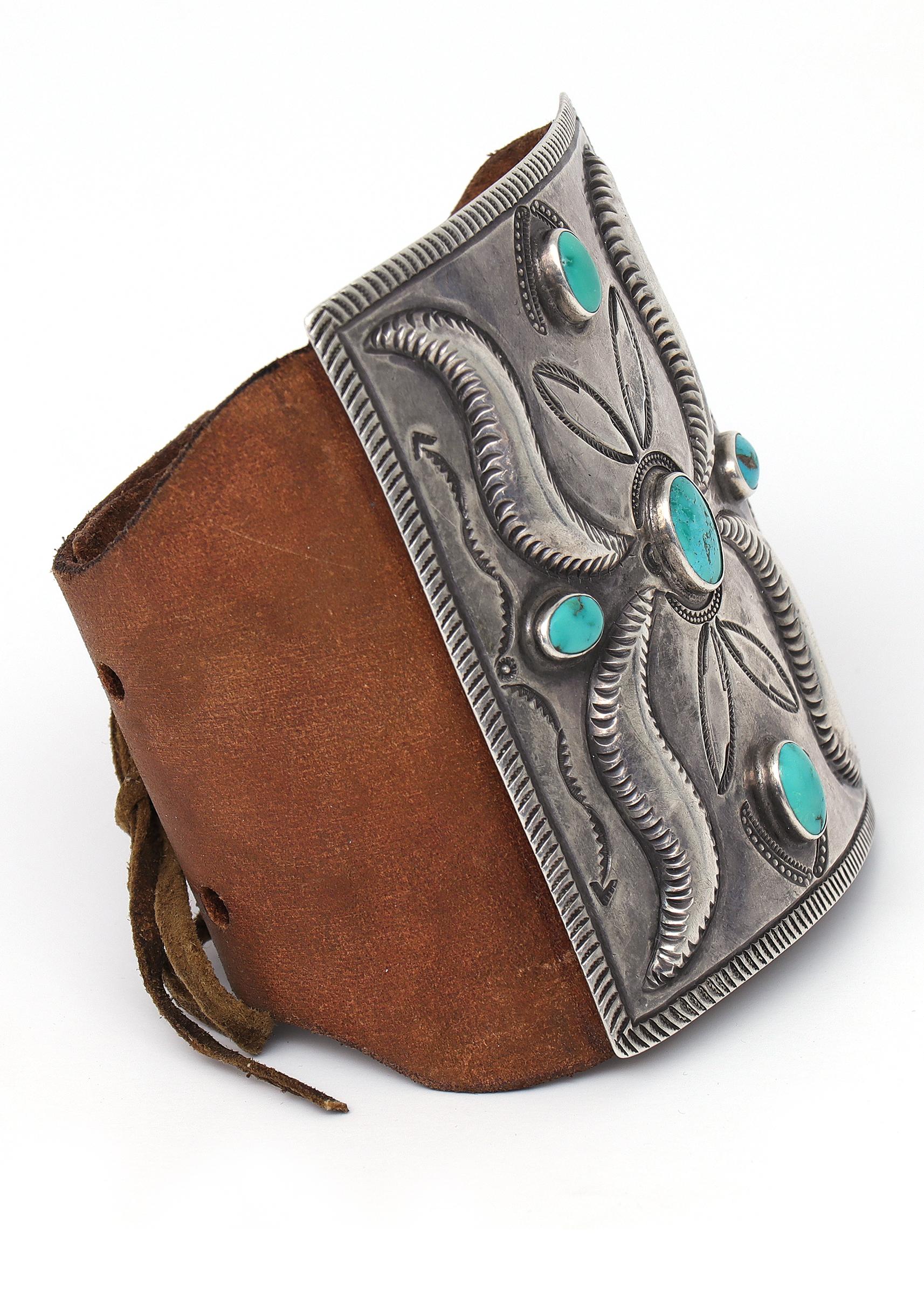 Engraved Native American Ketoh, New Leather, 20th Century Jewelry and Metalwork Bracelet