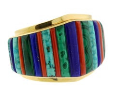Native American Lapis Malachite Coral Turquoise Gold Bracelet