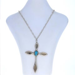 Collier pendentif croix amérindienne grande taille, turquoise et argent sterling