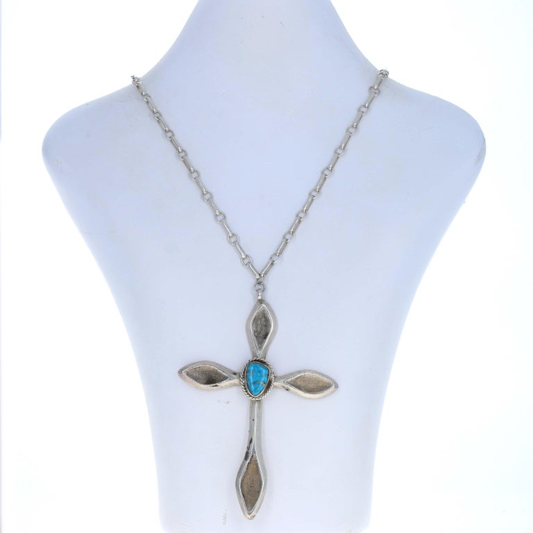 Native American Large Cross Pendant Necklace, Sterling Silver Turquoise ...