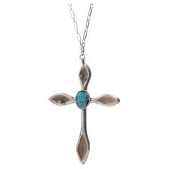 Native American Large Cross Pendant Necklace, Sterling Silver Turquoise