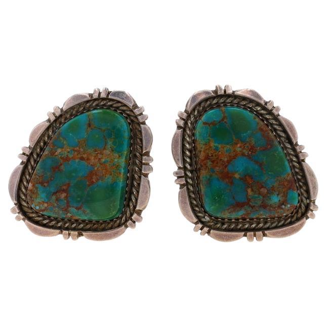 Native American Larry Sandoval Navajo Turquoise Large Stud Earrings 925 Clip-Ons For Sale