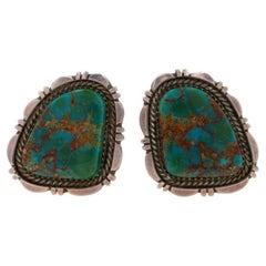 Native American Larry Sandoval Navajo Turquoise Large Stud Earrings 925 Clip-Ons