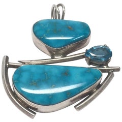 Native American Les Baker Sterling Silver Turquoise and Topaz Pendant