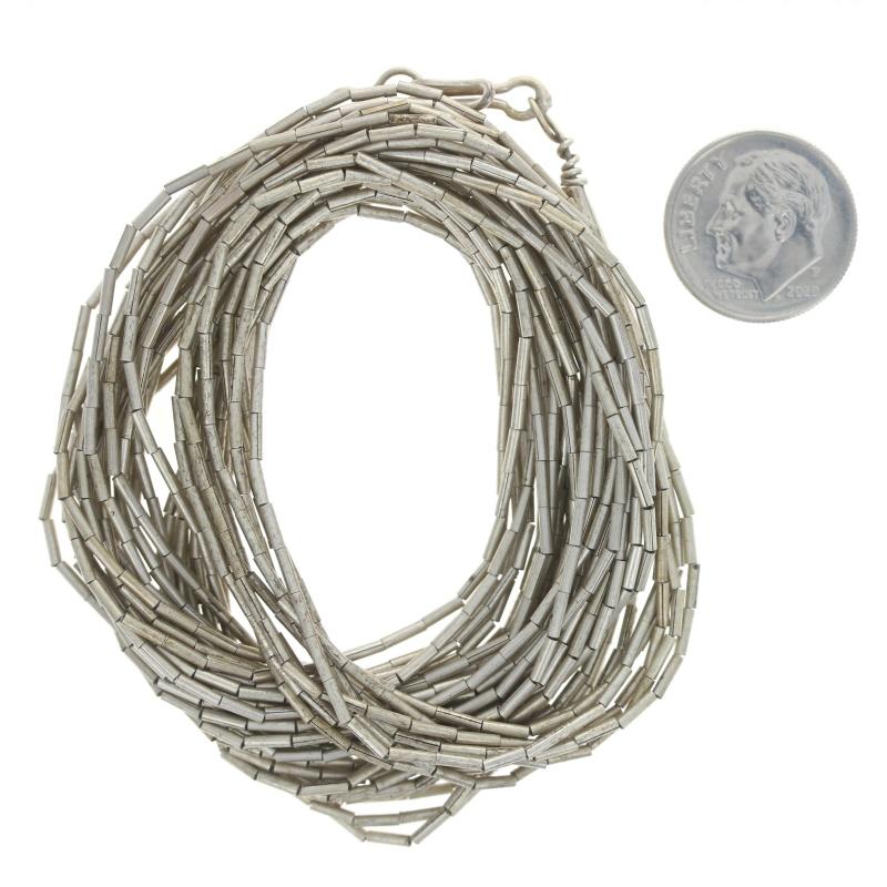 Zehnstrangige, perlenbesetzte, amerikanische Native American Liquid Silber Perlen-Halskette 23 3/4