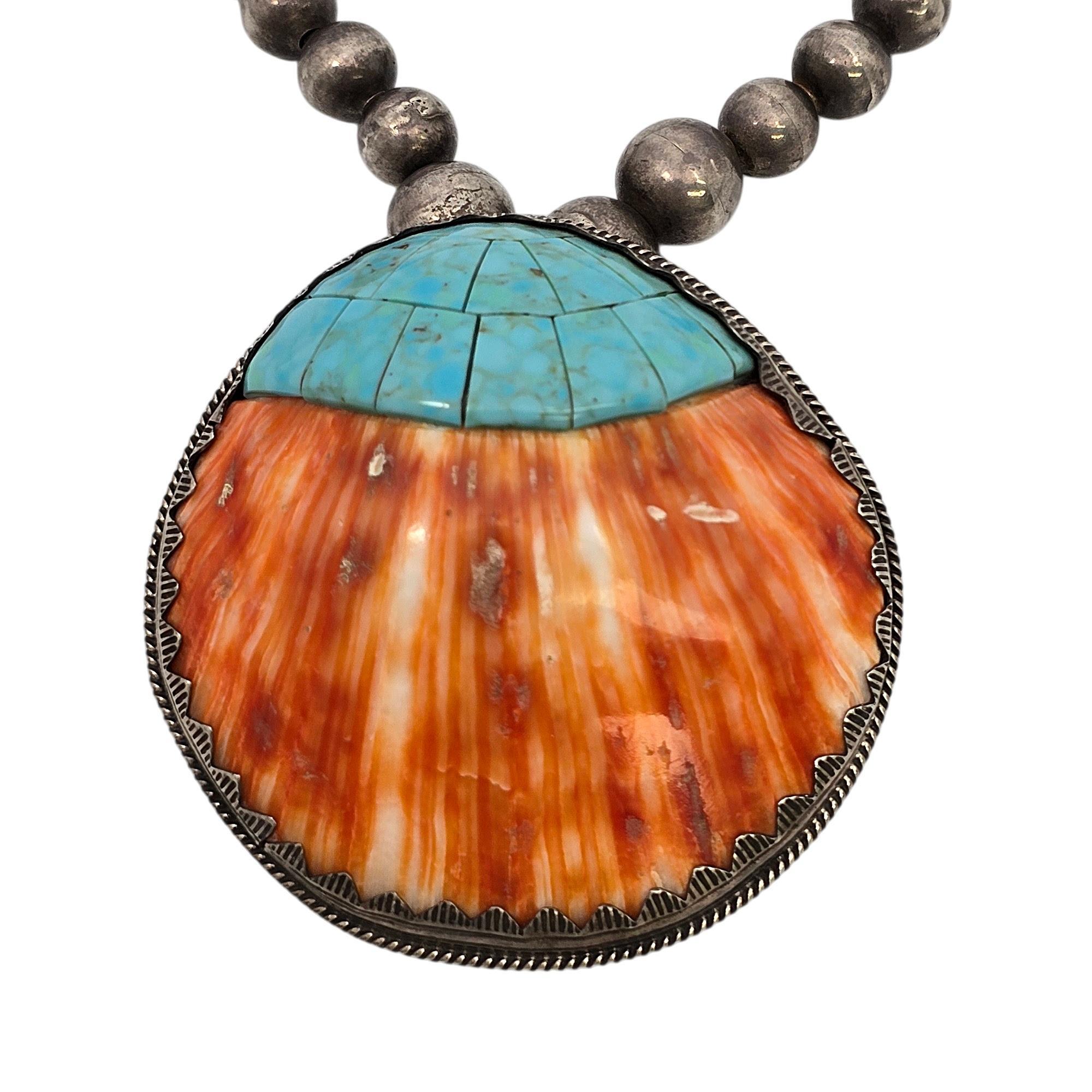 Cabochon Native American M Begay Sterling Silver Spiny Oyster Necklace #20842 For Sale