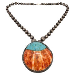 Native American M Begay Sterling Silver Spiny Oyster Necklace #20842