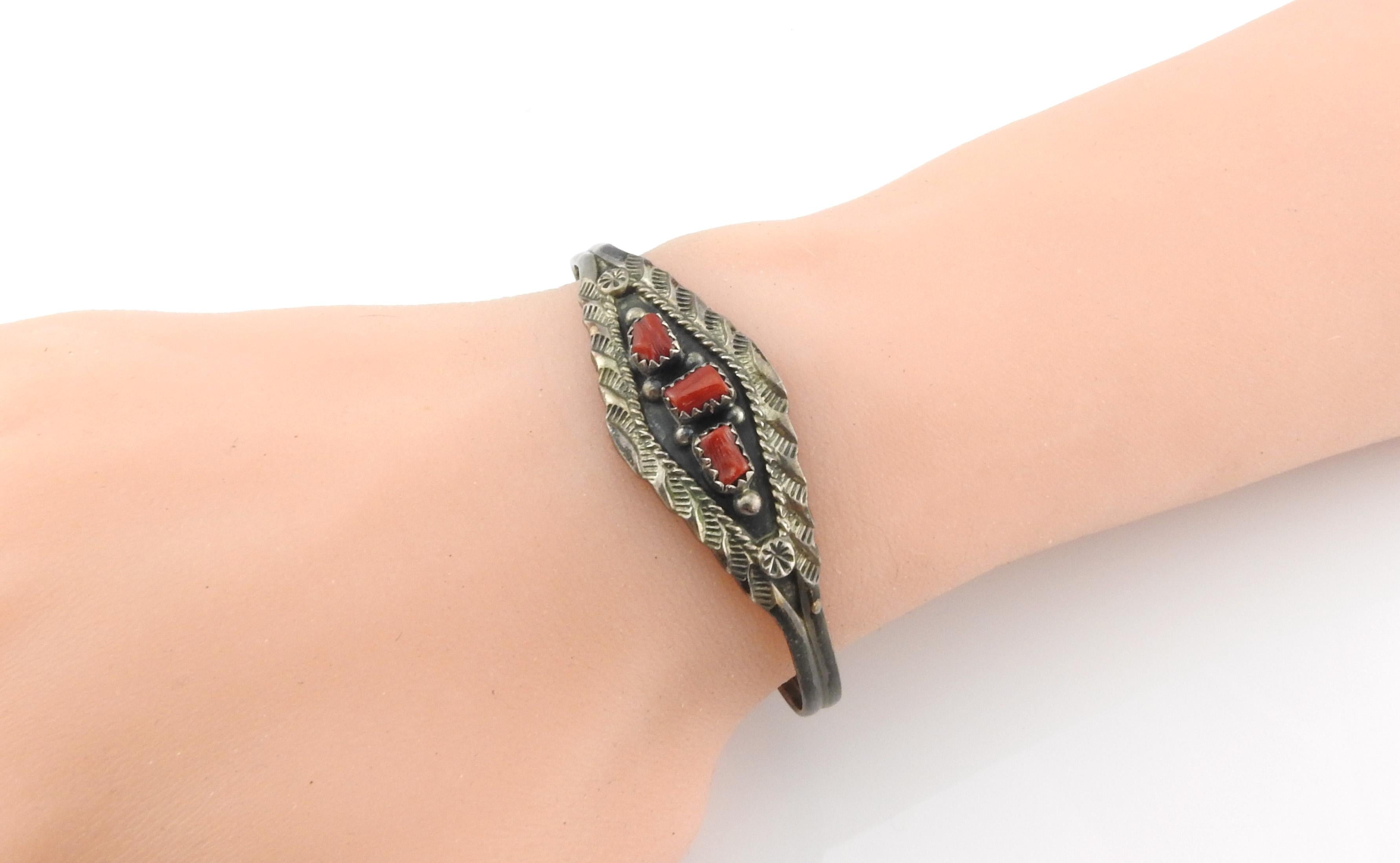 Women's or Men's Native American Marie B Sterling Silver Coral Cuff