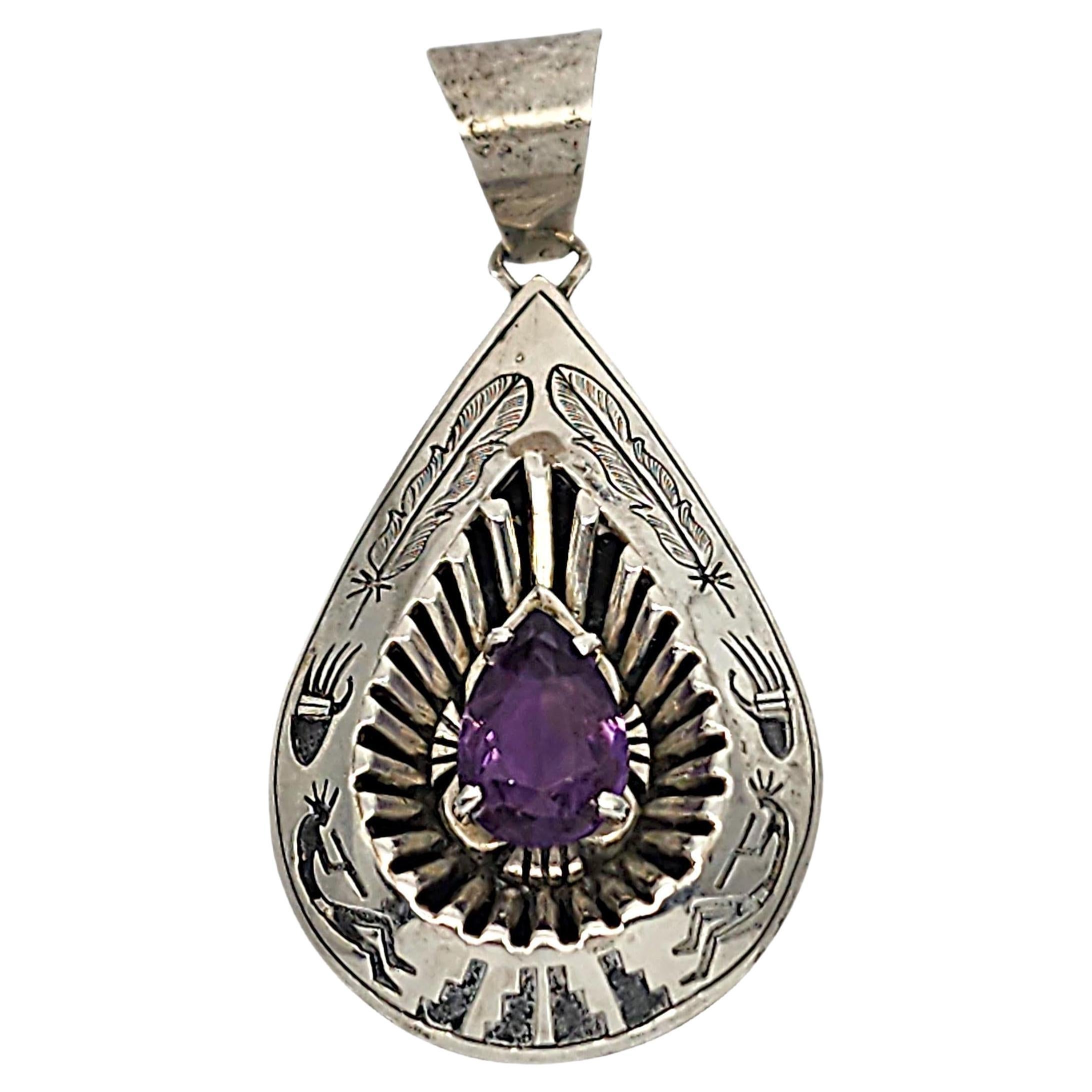 Native American Mark Yazzie Sterling Silver Amethyst Teardrop Pendant #20078