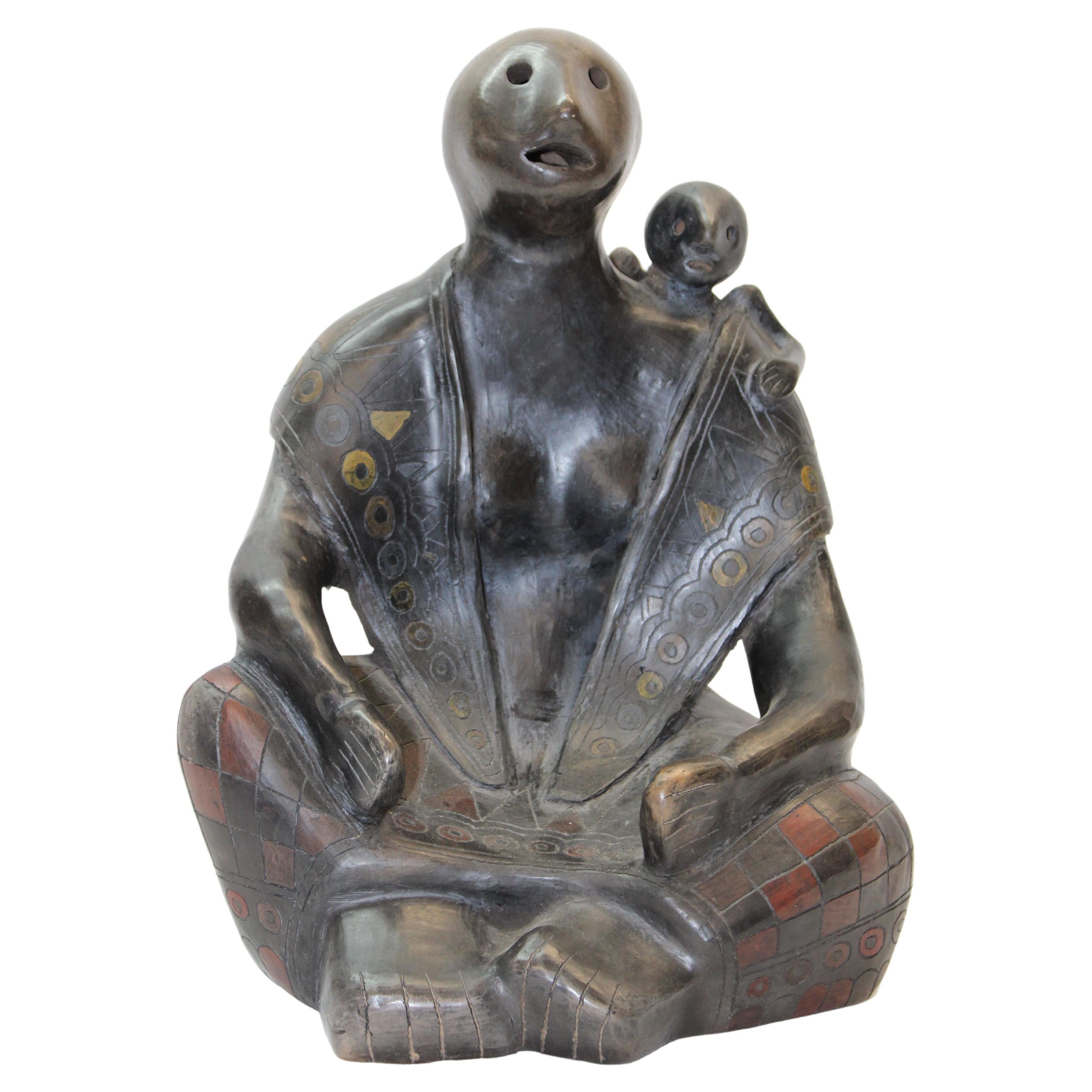Bemalte Keramik-Skulptur eines amerikanischen Mutter- und Kindes