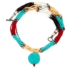 Native American Multistrand Heishe Bead Necklace with Carved Turquoise Pendant