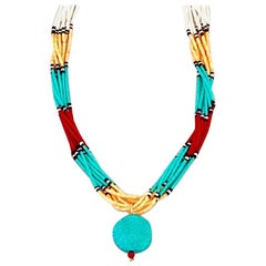 Native American Multistrand Heishe Bead Necklace with Carved Turquoise Pendant 
