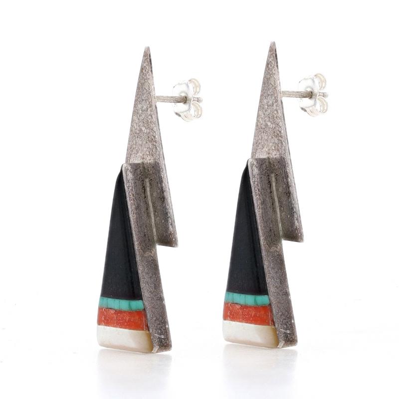 Mixed Cut Native American Myron Secakuku Hopi Jet Turquoise Coral Earrings - Sterling 925 For Sale