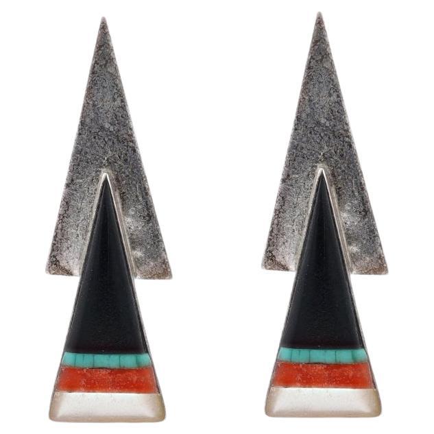 Native American Myron Secakuku Hopi Jet Turquoise Coral Earrings - Sterling 925 For Sale